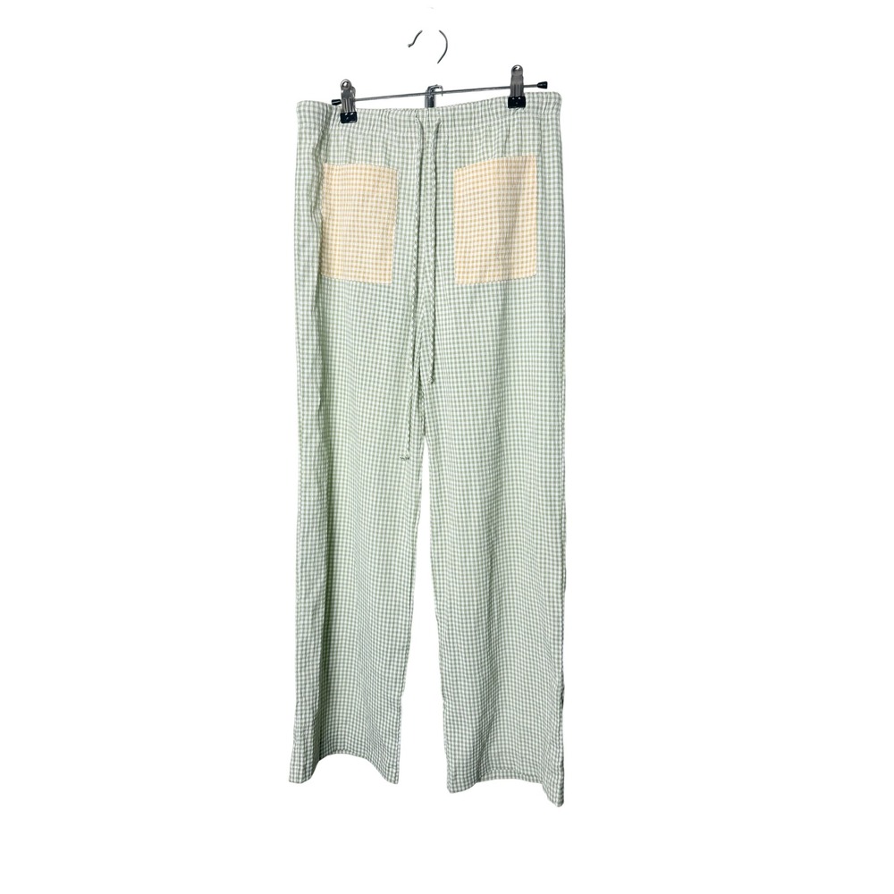 Lisa Says Gah Pants Green Gingham Wide Leg Drawstring Yellow Pockets Size M